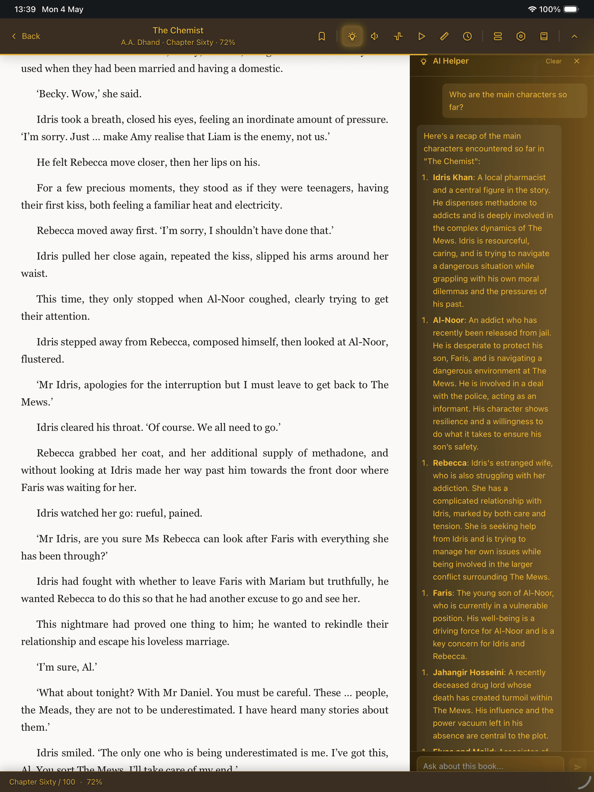PageBack AI reading assistant answering questions about a book without spoilers