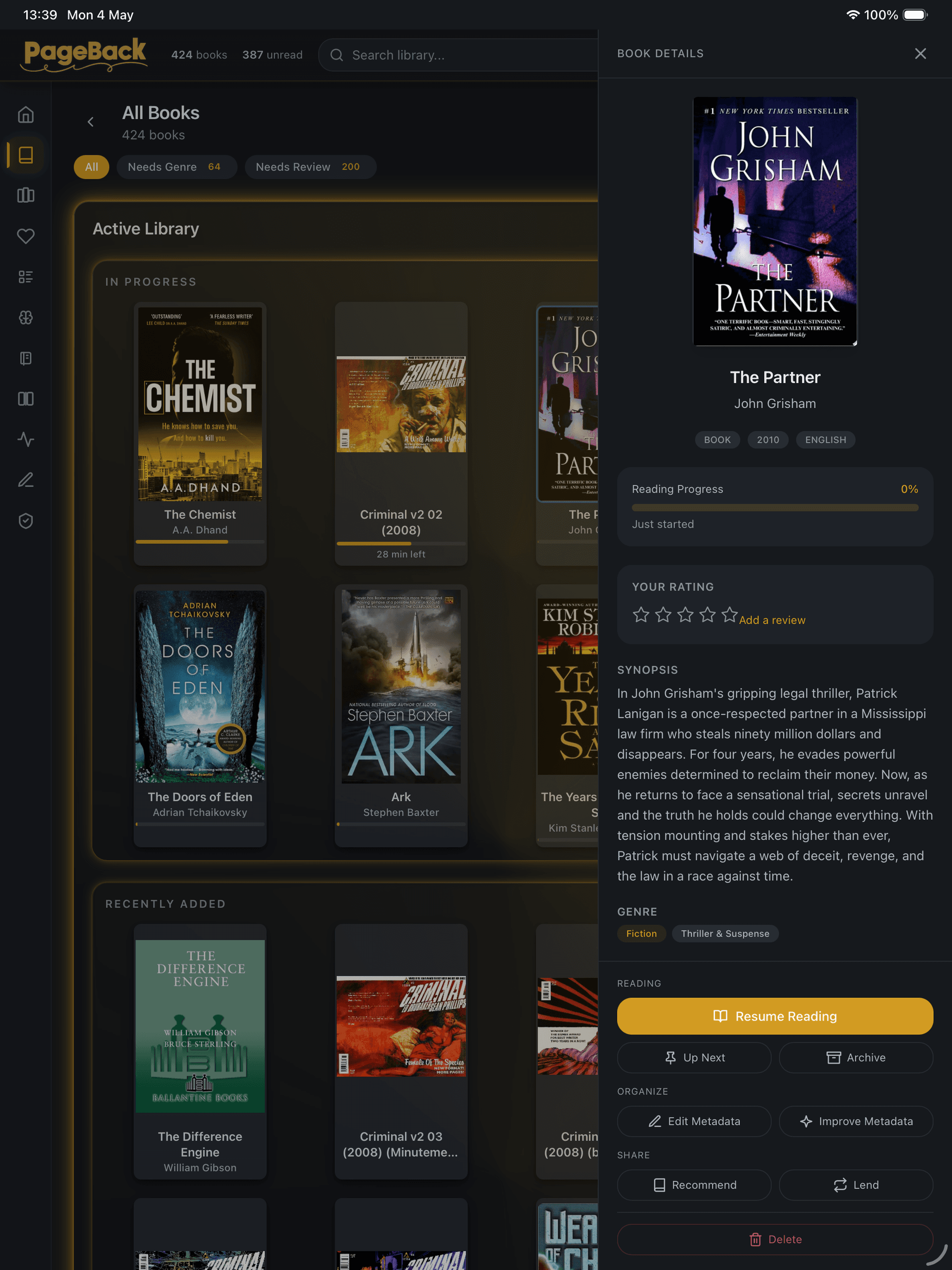 PageBack book detail view showing metadata, reading progress, genre tags, mood discovery, and series information