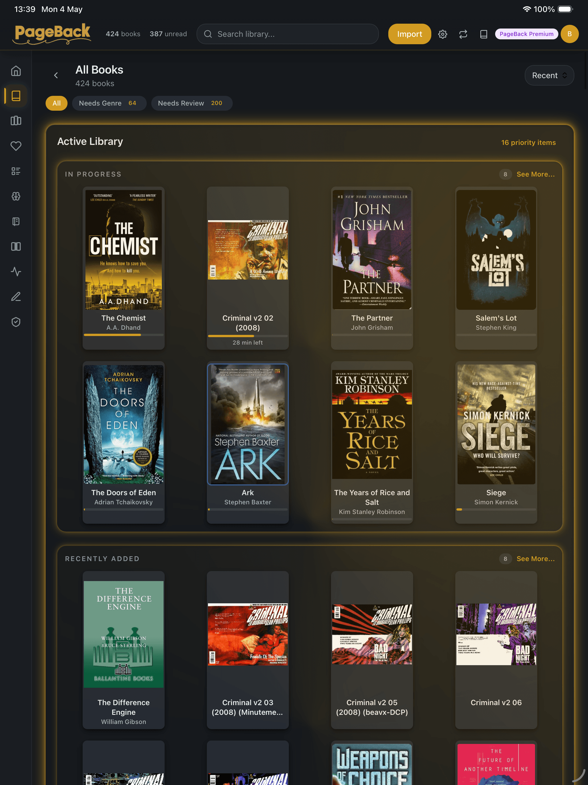 PageBack library grid view showing book covers organised by AI with genre tags and smart collections