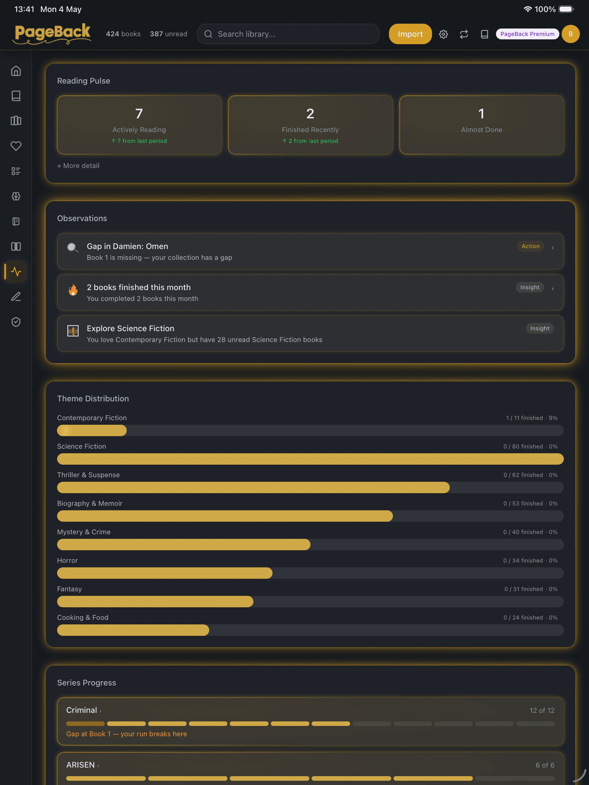 PageBack Reading Radar showing a reading heatmap calendar, theme distribution, and personalised insights