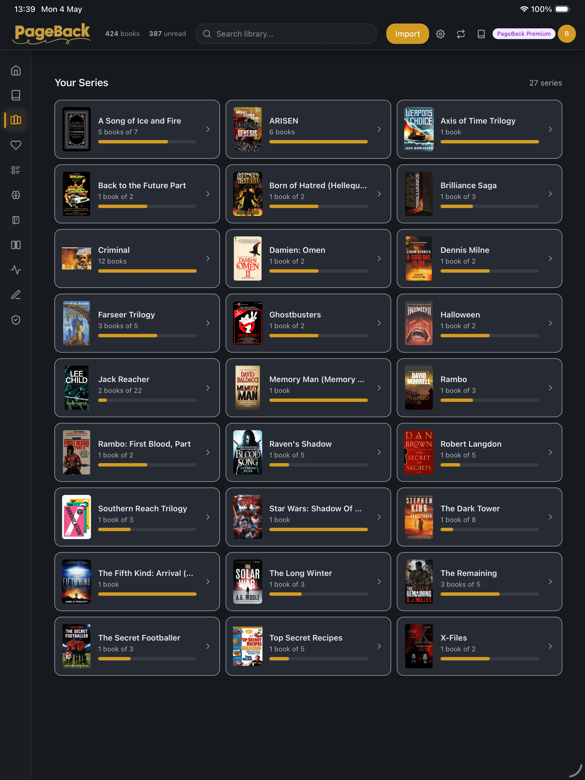 PageBack series tracker showing reading progress across book series with ghost book entries